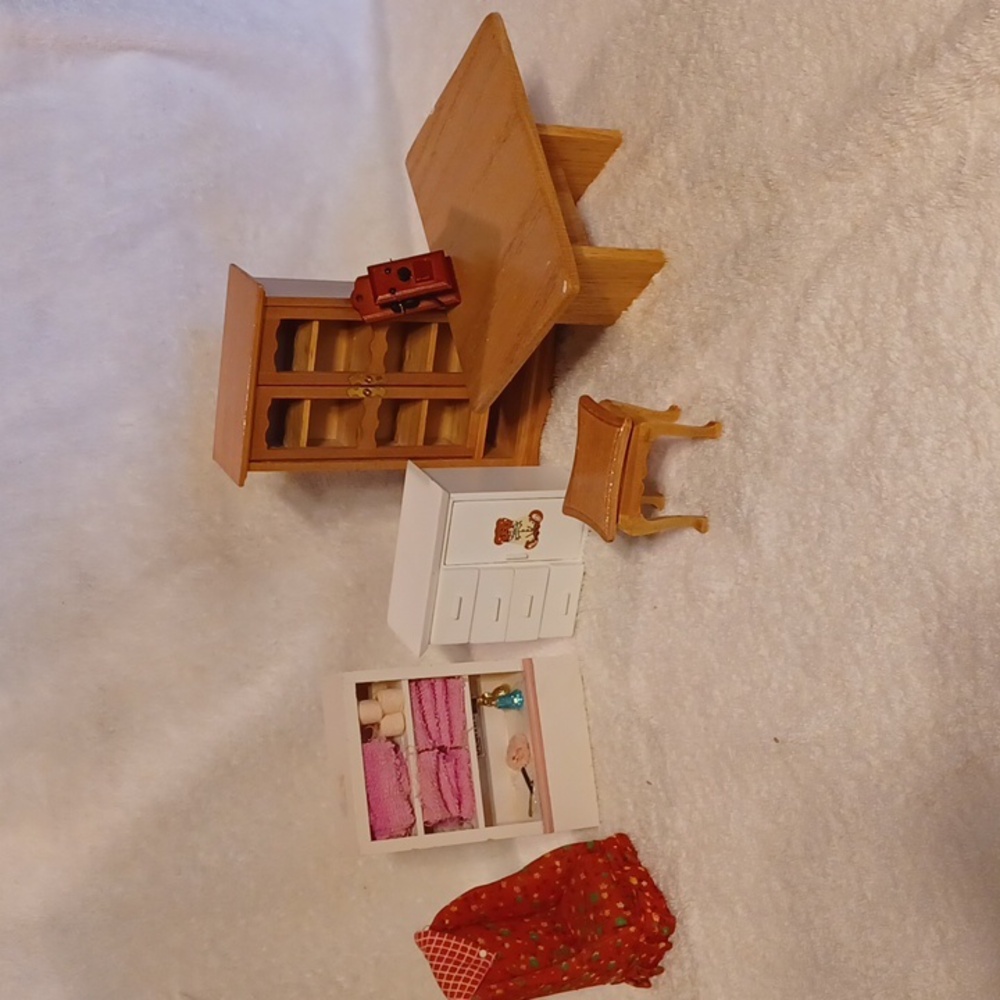 Dollhouse minitures chair, baby's room, china cabinet, tables